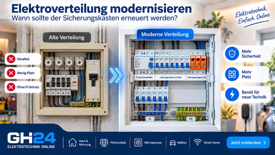 Alte und moderne Elektroverteilung im Vergleich mit FI-Schalter, Leitungsschutzschaltern und Überspannungsschutz